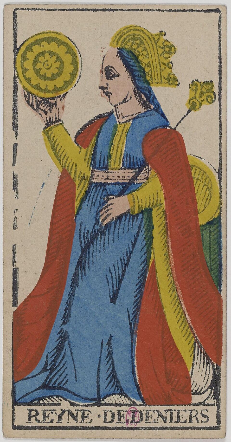 Reine de Deniers, arcane mineur du tarot de Marseille
