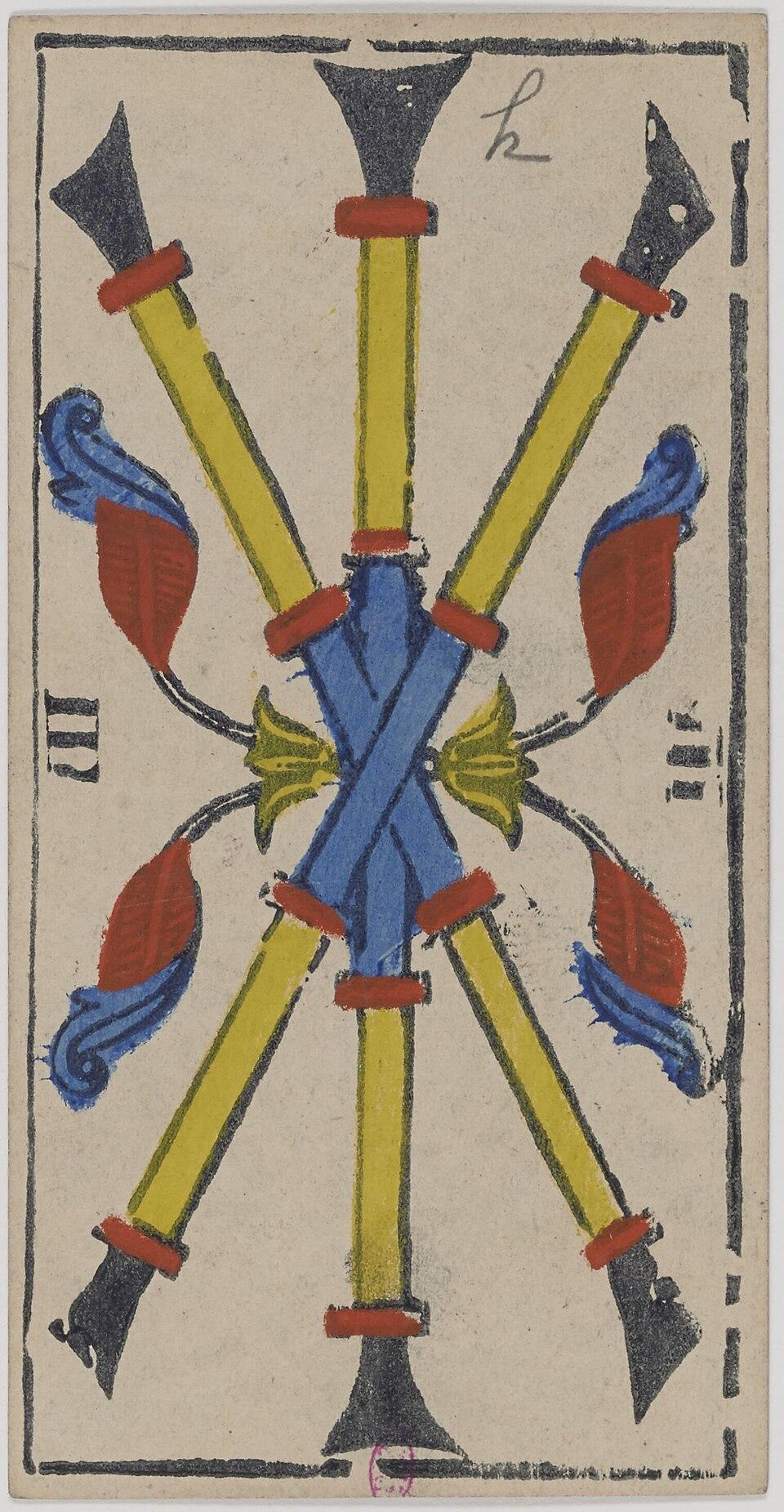 Trois de Bâtons, arcane mineur du tarot de Marseille